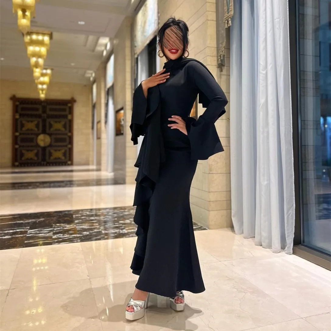 Customized Long Sleeve Black Evening Dresses with Ruffles Crepe Mermaid Ankle Length فساتين سهرة Wedding Guest Dress for Women