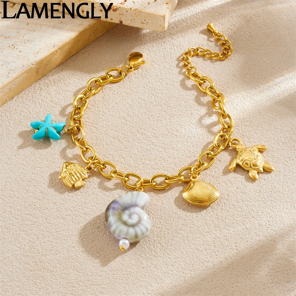 

LAMENGLY 316L Stainless Steel Marine Animal Turtle Starfish Conch Shell Charm Bracelet Women New Trend Hand Chain Jewelry Gift