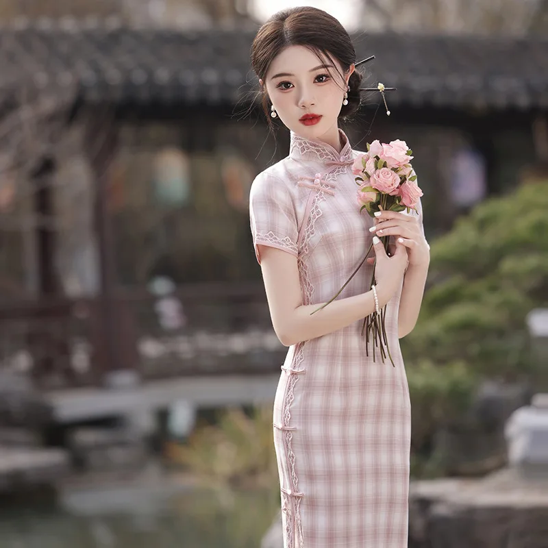 Pink Grid Cheongsam Chinese Traditional Clothing Retro Costume Stand Collar Short Sleeved Side Slit Slim Fit Dress for Women