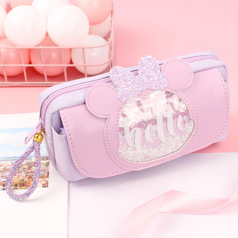 Quicksand cat pencil case cute pencil bag Three layers Big pen case girls kawaii Stationery bag cartoon animals pen bag student