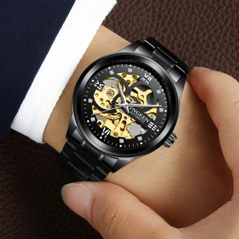 Black Skeleton Automatic Men Watch Engraved Movement Luminous Hands Mechanical Watches Luxury Crystal Stainless Steel Male Clock