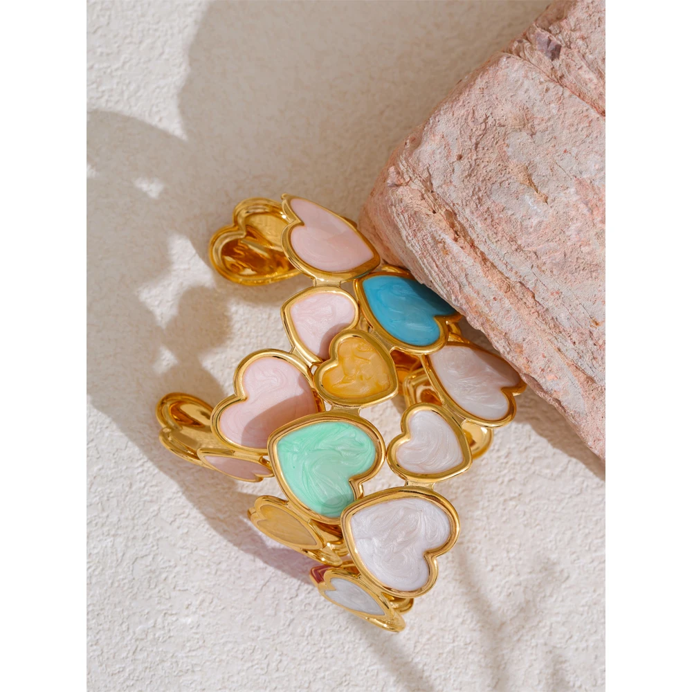 Yhpup Candy Colorful Enamel Heart Love Cuff Sweet Bracelet Bangle for Women Stainless Steel Golden Trendy Y2K Exquisite Jewelry