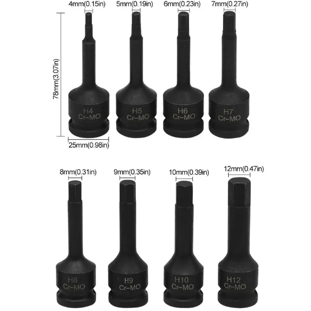 1/2 Inch Pneumatic Wrench Drive Impact-Socket Set Hex Bits Hexagon Screw Socket Lengthened H4 H5 H6 H7 H8 H9 H10 H12