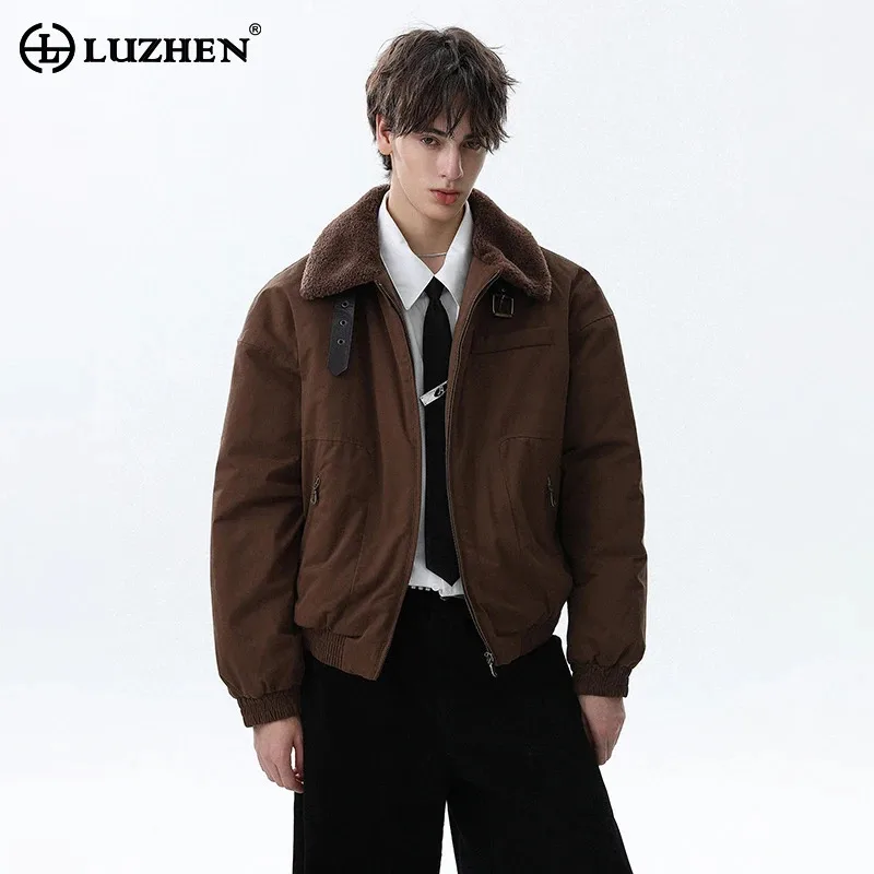 

LUZHEN 2025 Winter New Solid Color Lamb Wool Brushed Leather Belt Decorate Warm Jacket Men's Trendy Thickened Padded Coat JY5224