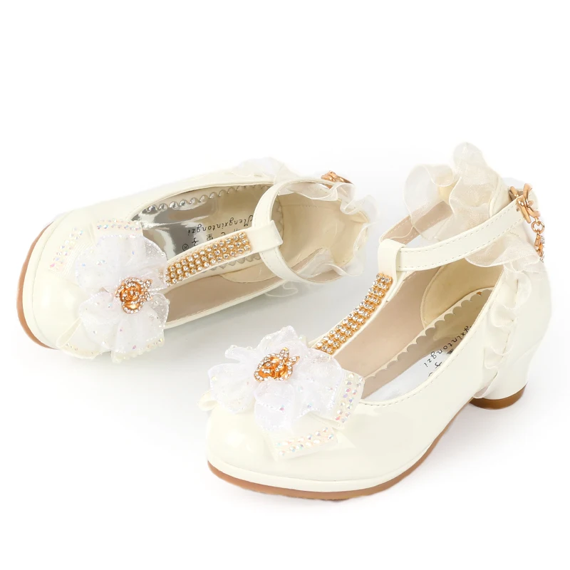 ULKNN Girls Sandals high heel pink leather Buckle Strap children\'s Gladiator Bowtie White Shoes size 26-37 soft Kid shoes enfant