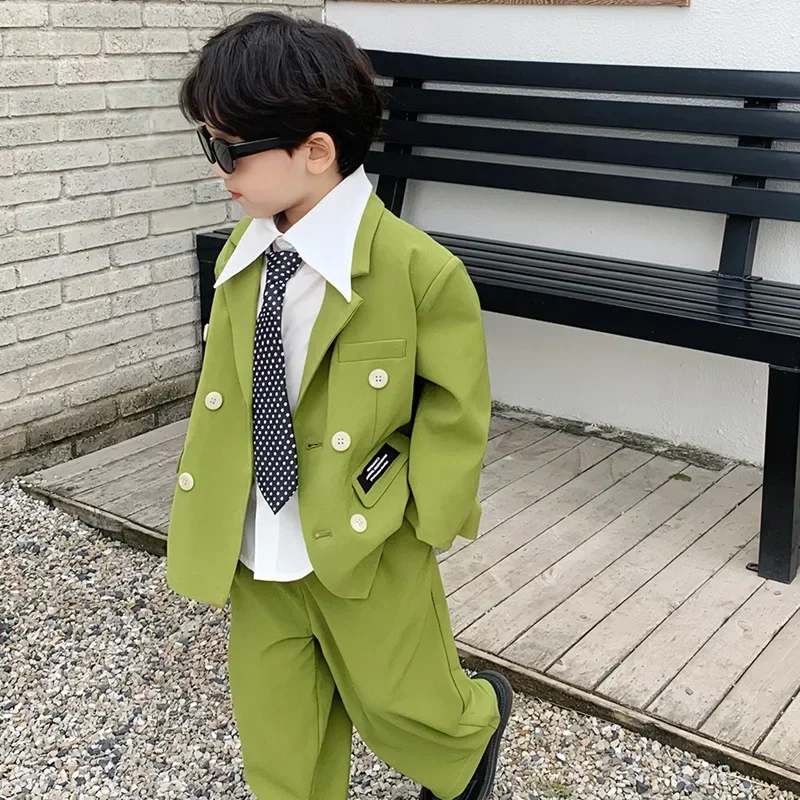 Boys Suit Spring Autumn Children School Uniform Casual Blazer Trousers 2 Piece Black Kids Wedding Clothes Set Compere Costume