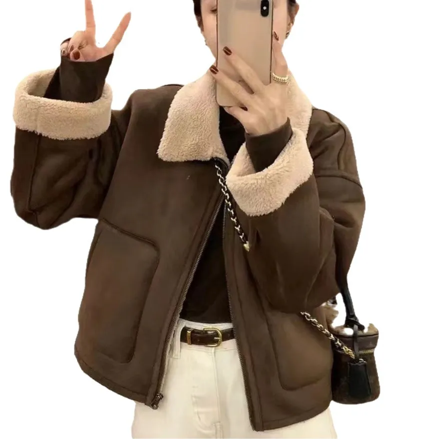 معطف Thiened Lamb Velvet Jaet للسيدات للدراجات النارية معطف كاجوال عالي الخصر من نسيج البوليستر ملابس خارجية للنساء البالغات