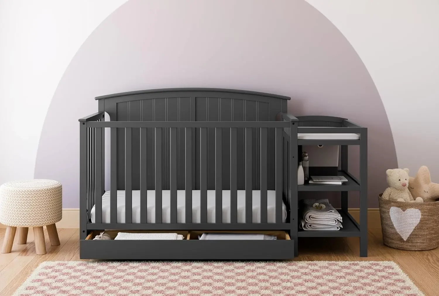 5-in-1 Convertible Crib and Changer with Drawer (Gray) –  Gold Certified, Crib and Changing Table Combo with Drawer, Converts to