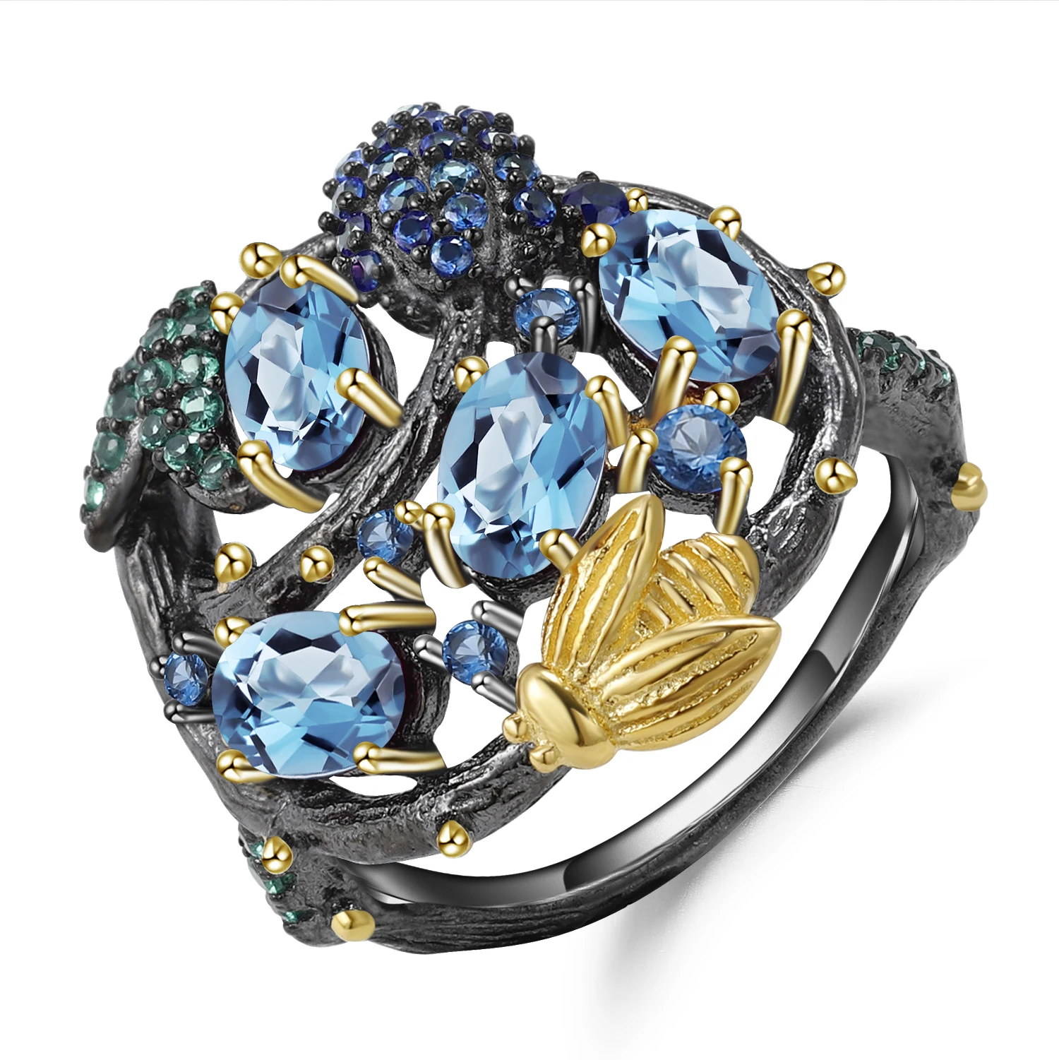 

Bee And Flower Natural Swiss Blue Topaz Two-tone 925 Sterling Silver Rings