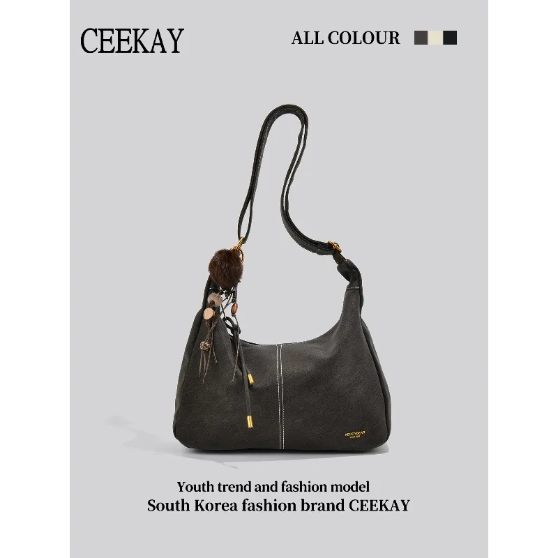 

2026 New CEEKAY Vintage Suede Hobo Bag, Casual Shoulder Bag with Fur Ball Tassel Pendant, Retro Underarm Bag for Women handbag