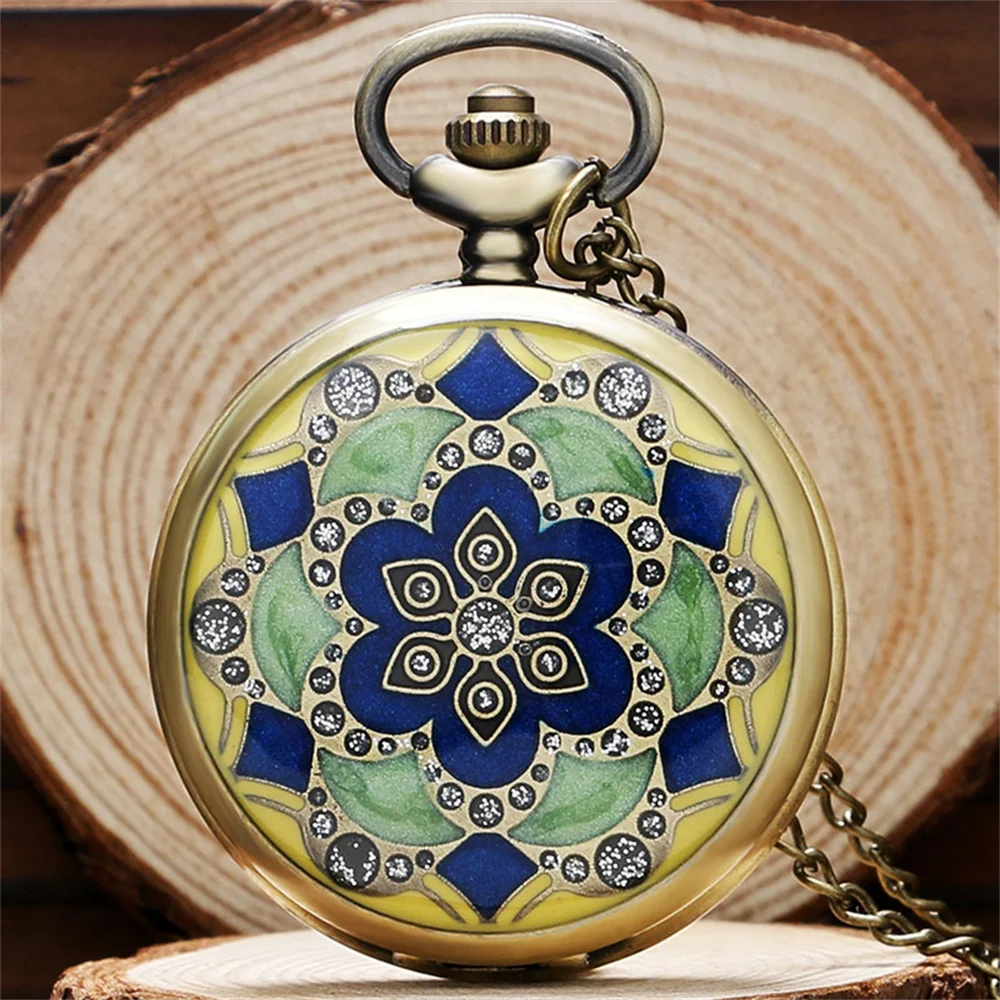 Green/White Flowers Bronze Quartz Pocket Watch Vintage Fashion Necklace Watch Gift Men Women Arabic Numerals Dial Pocket Clock