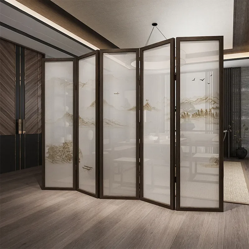 for Chinese Solid Wood Folding Partition Screen Wall Office Hotel Decoration Living Room Entrance Mobile Fabric Landscape