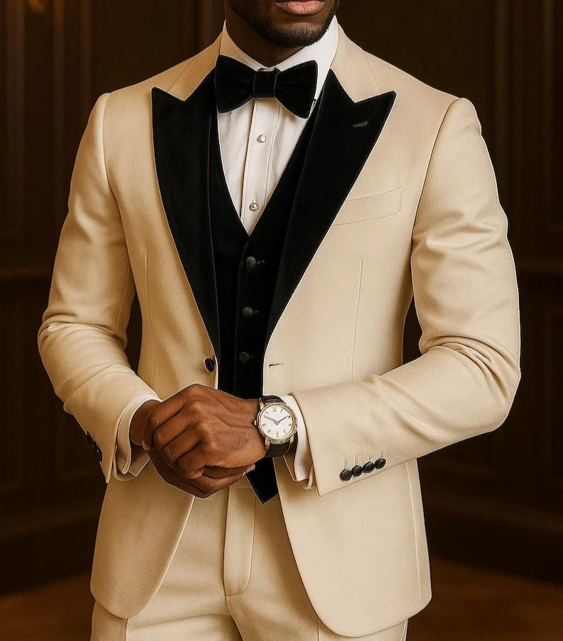 

Men’s Beige Tuxedo Suit 3-Piece Wedding Business Formal Suit Men’s Prom Party Suit