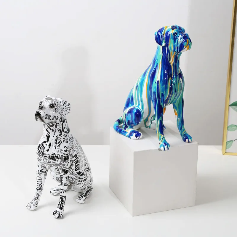 Creative Art Splash Color Painted  Room Color Boxer  Dog Ornaments Decor Home Entrance Wine Cabinet Office Decor Resin Crafts