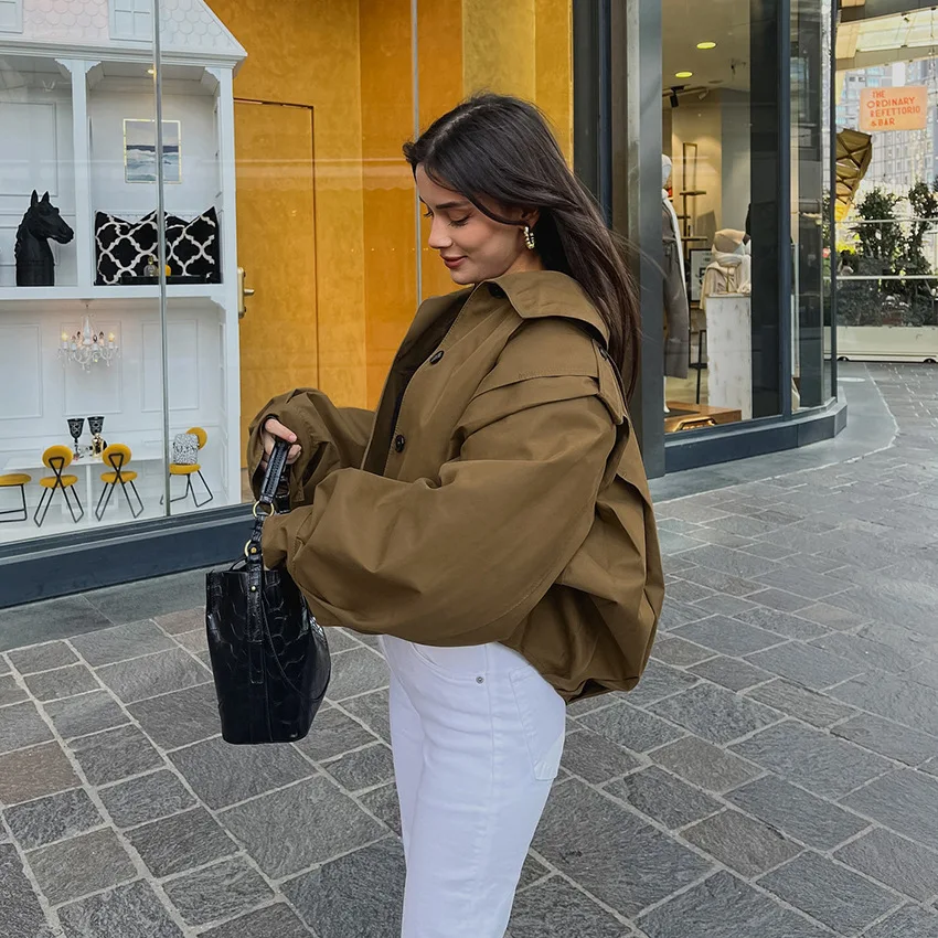 여성을위한 가을 빈티지 Pleated Cropped Jacket High Street Windbreaker 싱글 브레스트 긴 소매 짧은 코트 캐주얼 자켓