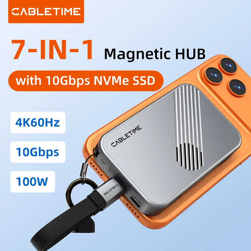 

CABLETIME USB C HUB 7 IN 1 with NVMe SSD Magnetic 4K ProRes Video Recording SD/TF 3.0 Strong Magnetic Attachment for iPhone 17