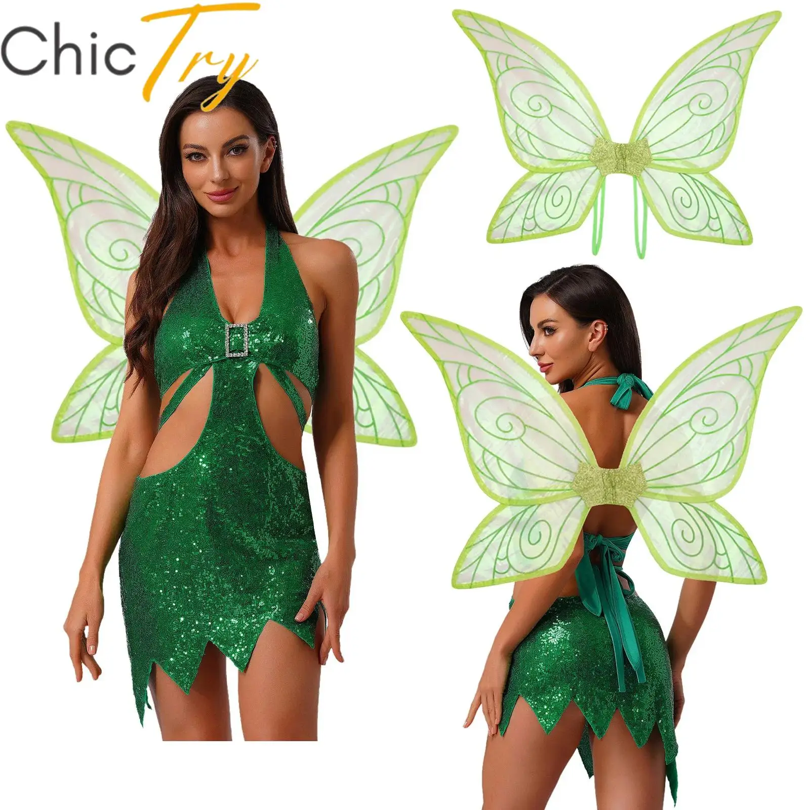 

Womens Green Princess Dress Forest Tinker Cosplay Costumes Bell Dress with Fairy Tale Wings for Carnival Roleplay Party Dress Up