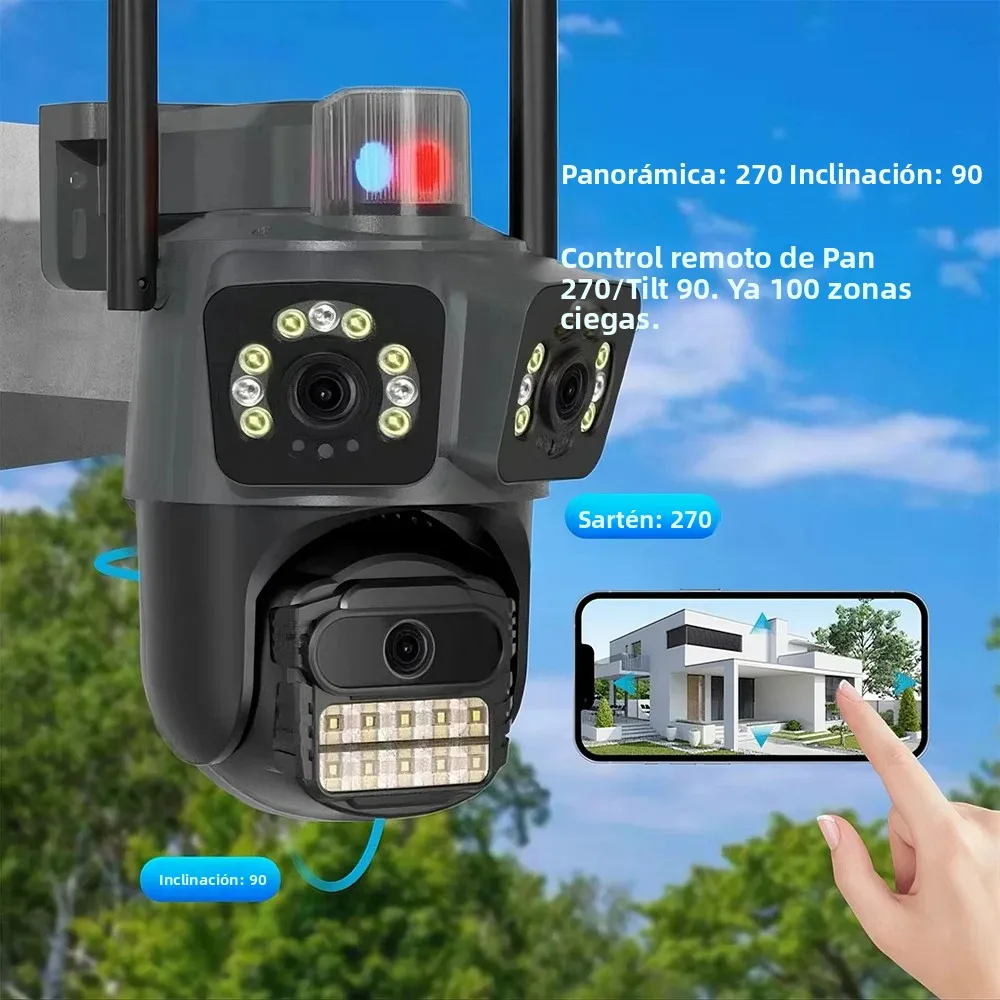 Telecamera IP Ptz da esterno HD a 3 obiettivi da 9 MP: 3 schermi, Wifi, telecamera di sicurezza CCTV wireless, tracciamento automatico, visione notturna 4K, Icsee, impermeabile, sorveglianza e monitor per neonati/animali domestici