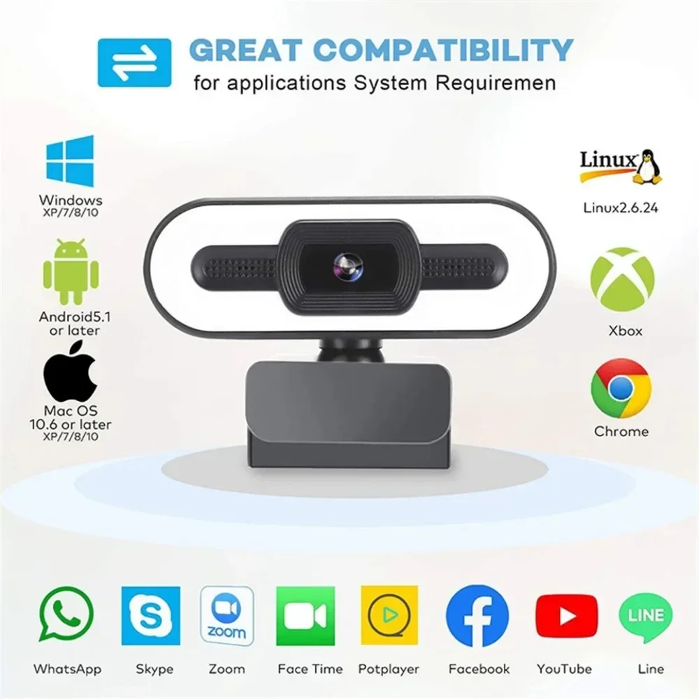 Full HD 4K 2K 1080P PC Laptop Webcam Auto Focus Live Streaming Flexible Webcam for Computer PC Web Camwith Microphone with Light