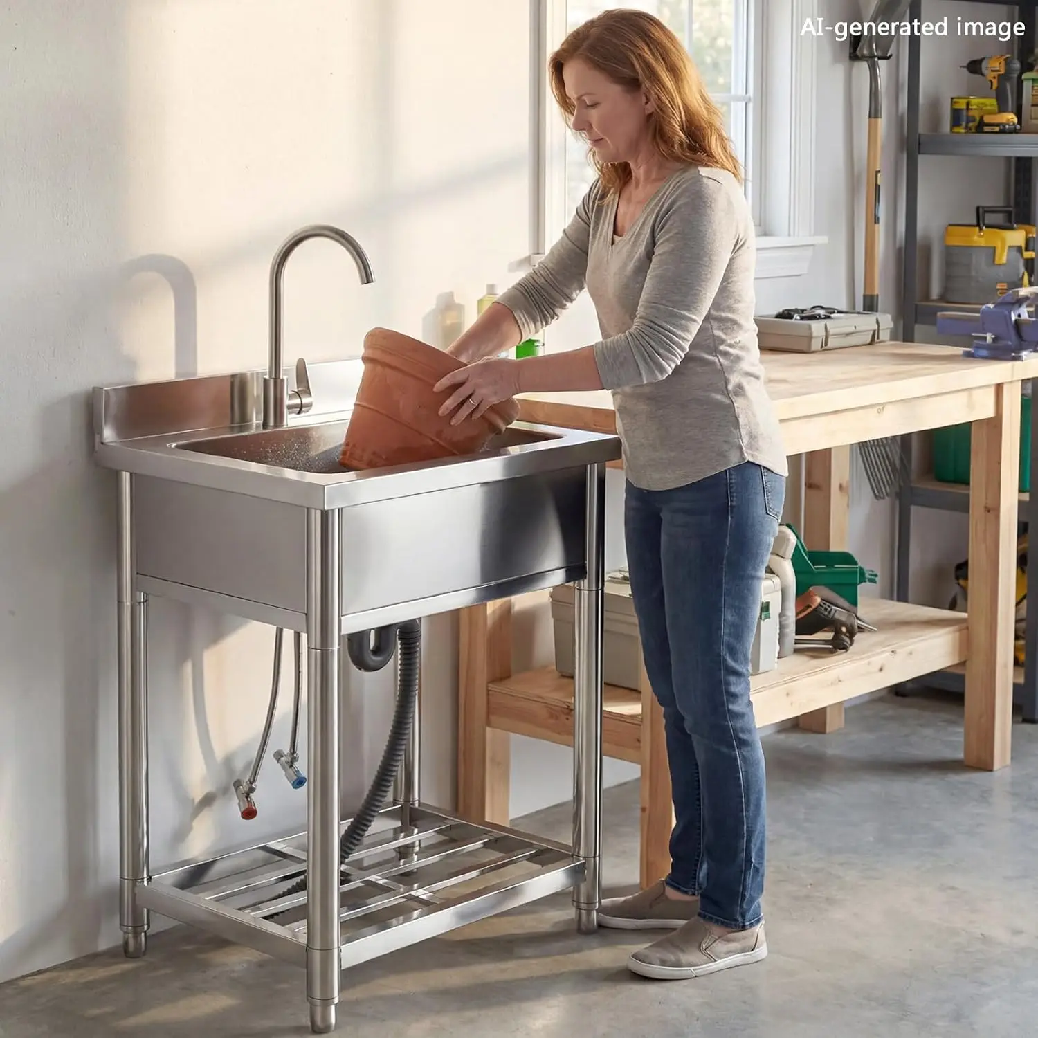 Stainless Steel Commercial Kitchen Sink, Free Standing, Single Bowl Sink Basin with Cold & Hot Water Faucet, Indoor and Outdoor