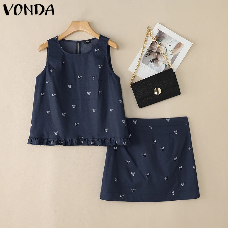 

2025 VONDA Women Sweet Dress Sets Denim Summer Bow Print Korean Two-piece Outfits Sleeveless Tops and Mini Skirts Casual 2pcs