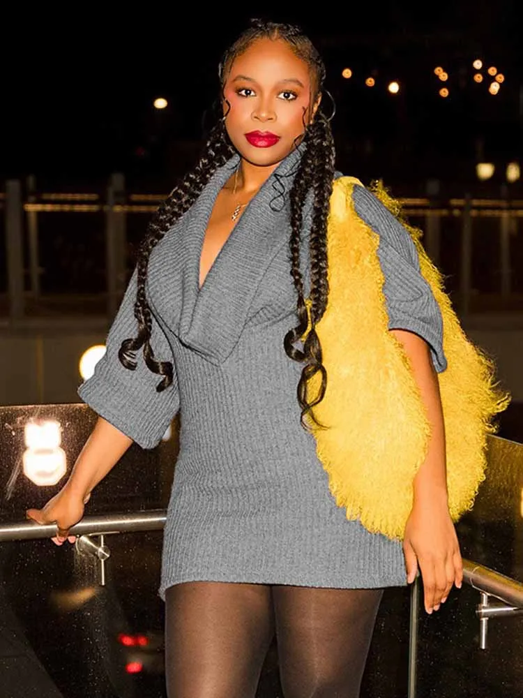 BKQU-vestido suéter gris con cuello oscilante para mujer, minivestido elegante y Sexy con cuello en V y media manga de murciélago, vestido de noche de fiesta