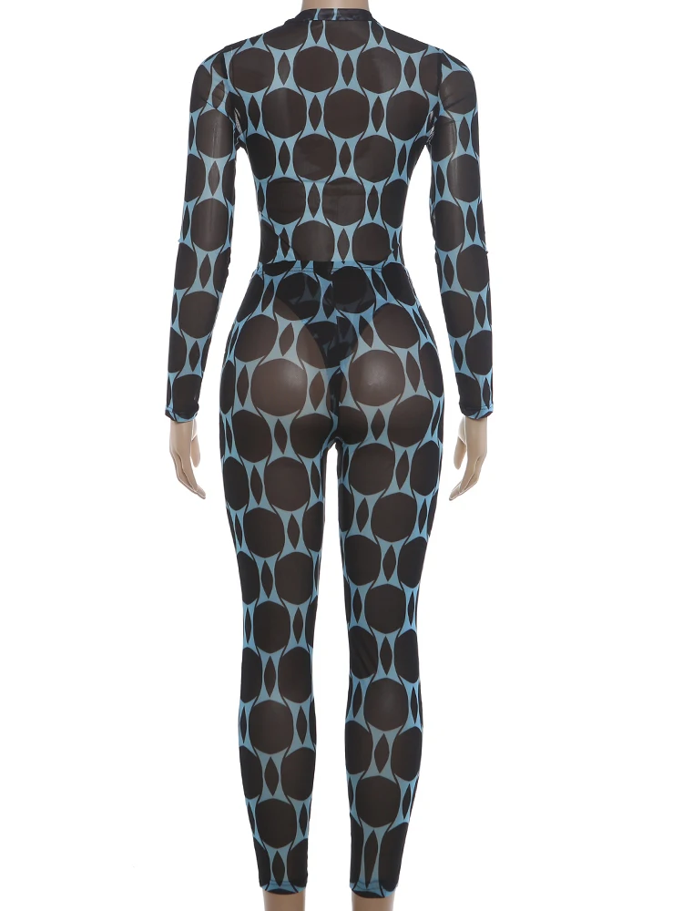 Nibber Midnight Sexy durchsichtiges 2-teiliges Set für Damen, Patchwork-Druck, O-Ausschnitt, volle Ärmel, Body + schmale, hüftumwickelte, lange Hosen-Outfits – Detail 5