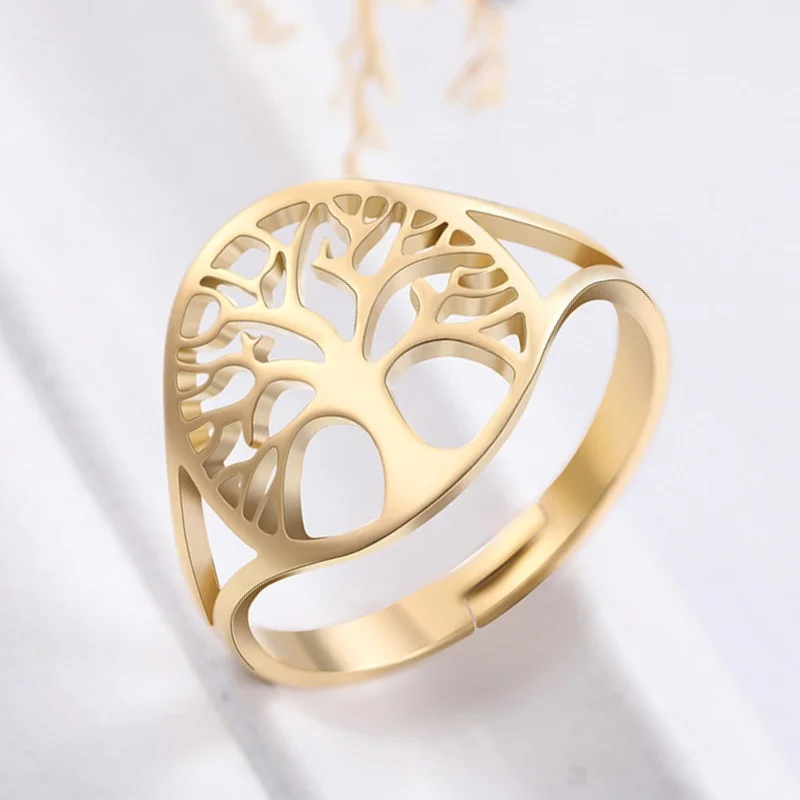 Jeshayuan New Tree Of Life Ring For Women Stainless Steel Adjustable Celtic Oak Tree Crann Bethadh Rings Wedding Jewelry Gifts