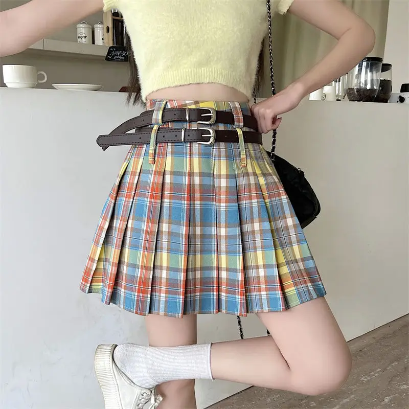 

Plaid Pleated Skirt Jk Slim Waist Women College Style Dopamine High Waist Y2k Jupe Design Sweet A-line Anti-exposure Skirts