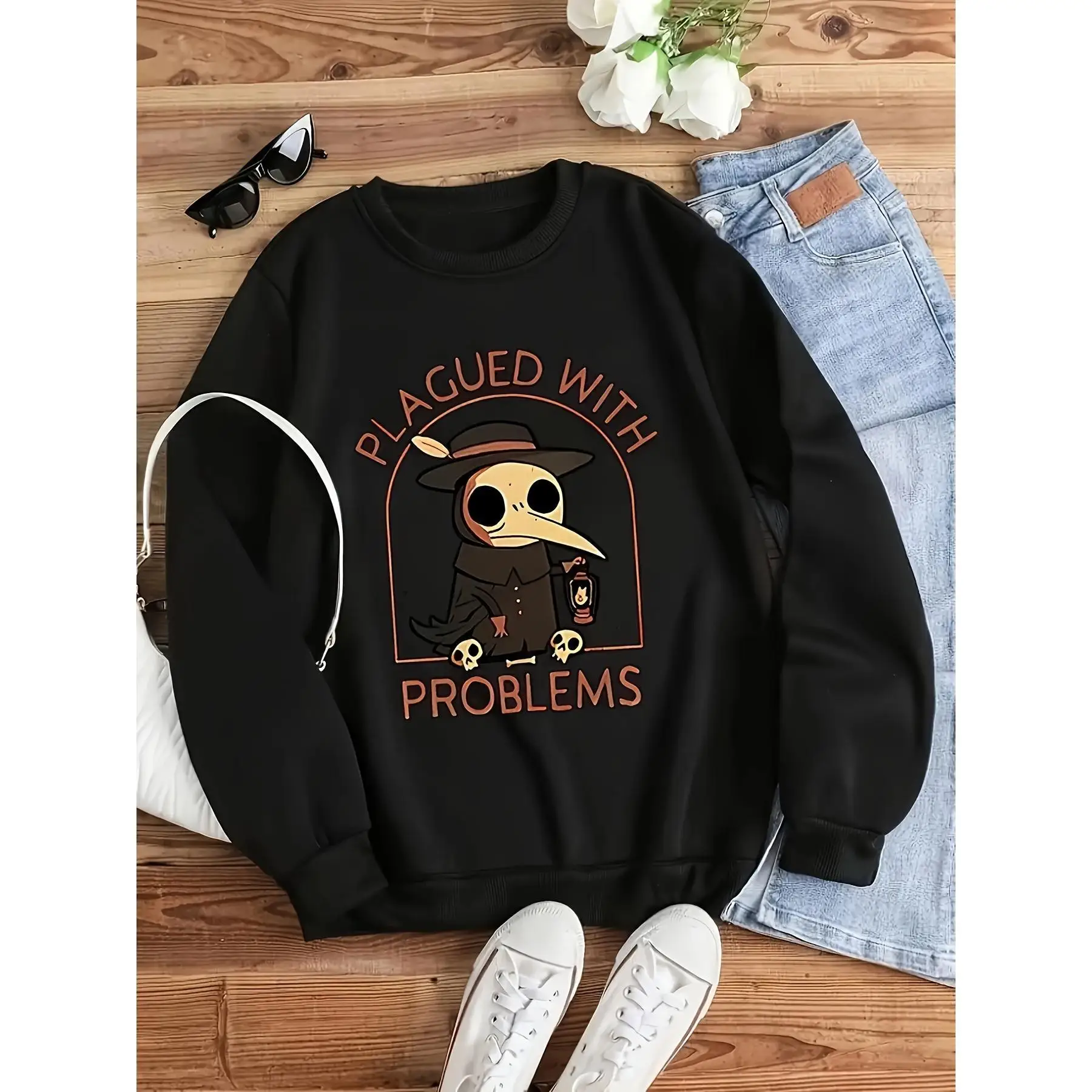 

Gothic Plague Doctor Sweatshirt, Women's Funny Spooky Graphic Top, Dark Academia Plagued With Problems Crewneck