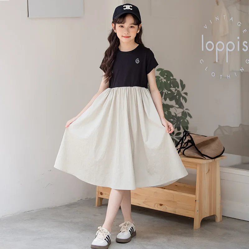 

Girls' Contrasting Color Dress Short Sleeve T-Shirt Dress 2025 Summer Korea Children's Clothing Girls Thin Skirt Ocean