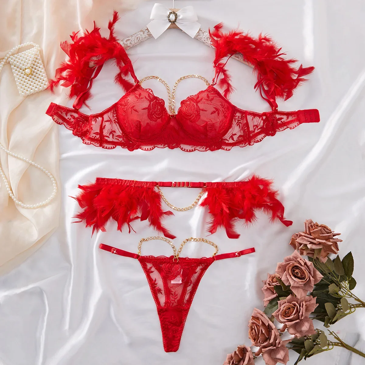

Lovermore Valentine's Day Red Feather Sexy Lingerie Fetish Fancy Underwear Women Uncensored Luxury Bra Chain Bilizna Intimate