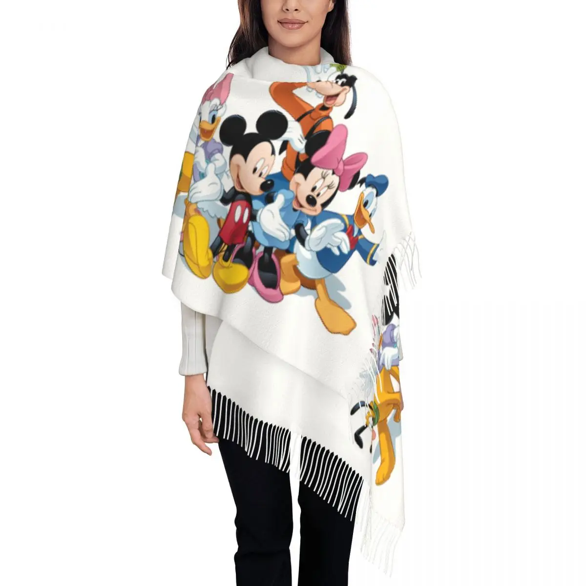 Custom Female Large Mickey Mouse Minnie Scarves Women Winter Thick Warm Tassel Shawl Wrap Disney Cartoon Scarf