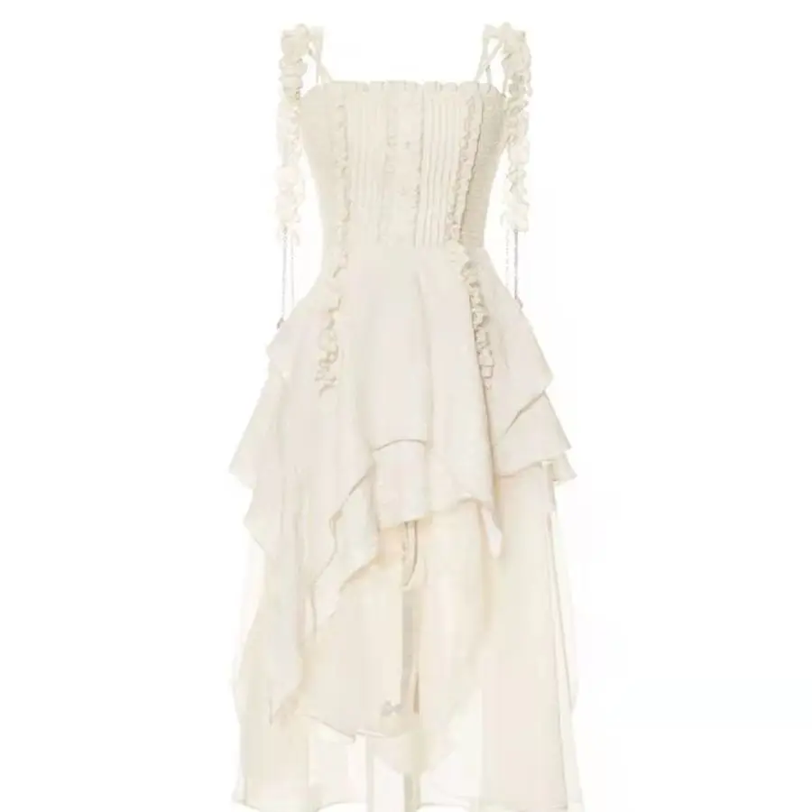 فستان الأميرة على الجري الصيفي بحمالات فستان نسائي راقي للركبة بشراشيب صيف 2025 فستان جديد على شكل حرف a