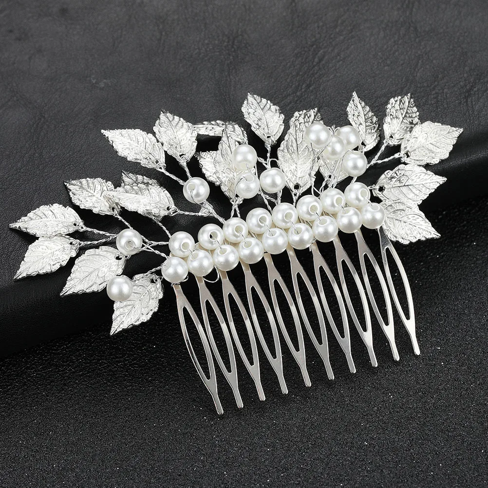 مشبك مشط شعر لؤلؤ الزفاف أوراق فضية غطاء رأس بوهيمي لحفلات الزفاف أداء المسرح مشط شعر الزفاف غطاء رأس العروس #6