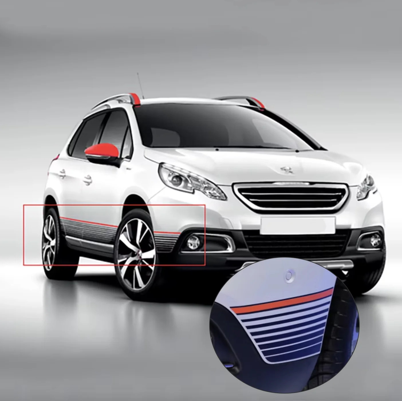 

2 шт., спортивный стиль, боковая нижняя юбка, красная полоска, наклейки с графикой, виниловая пленка, накладка, наклейка для Peugeot 2008