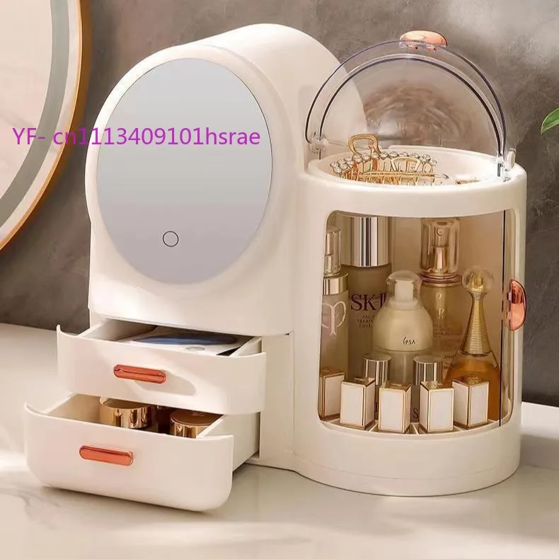Large Capacity Cosmetic Storage Box with LED Light Mirror Makeup Organizer Desktop Vanity Storage Holder