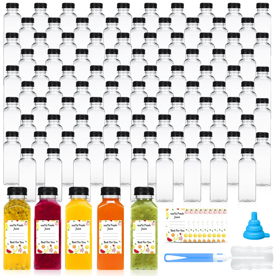 

100 шт., спортивные чашки на 16 унций, пластиковые бутылки для сока с крышками, объемные прозрачные многоразовые бутылки для сока для смузи и других напитков, Cll