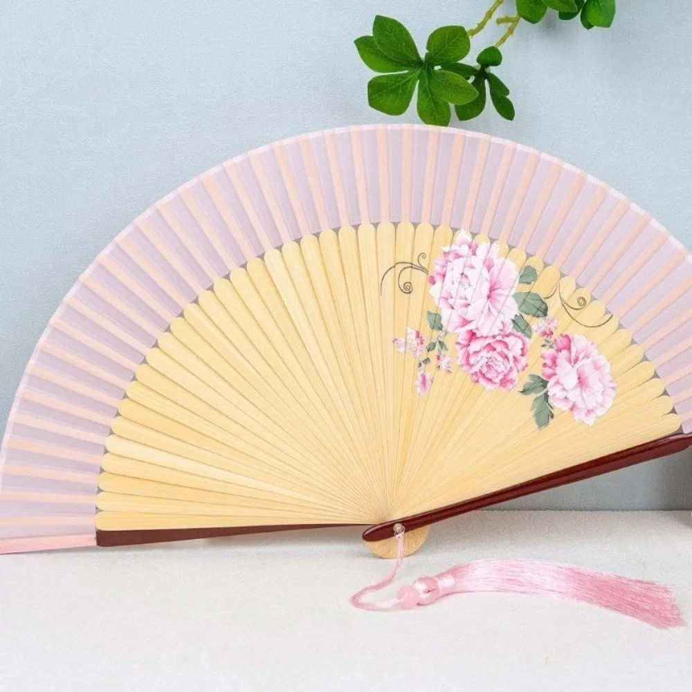 Hand Fan Floral Pattern Silk Bamboo Fan Exquisite Classical Chinese Style Fan Decorative with Tassels