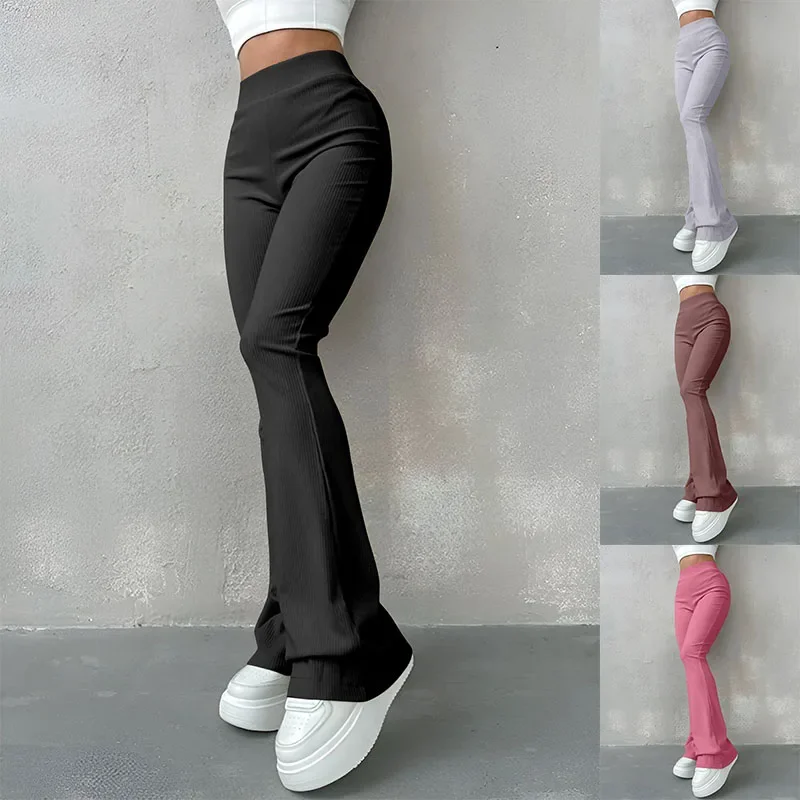 

Women's Sexy Slim Pant Ribbed Solid Color Pants High Waisted Flared Showing pantalones Longer Legs All-match Sports Long Pants