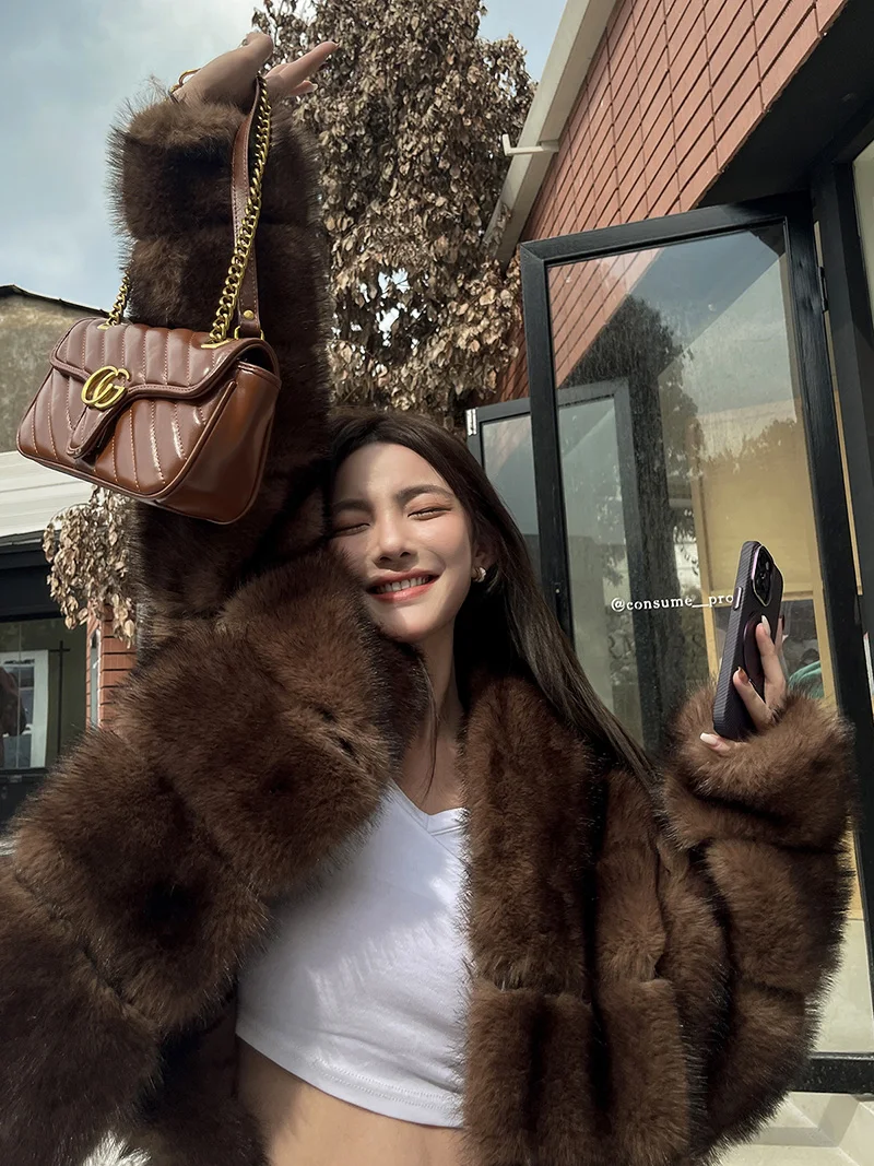 Faux Mink Fur Coat for Women Short Plush Jacket Warm Furry Overcoat Jackets Elegant Brown Eco Fur Coat  Winter Fashion 2023