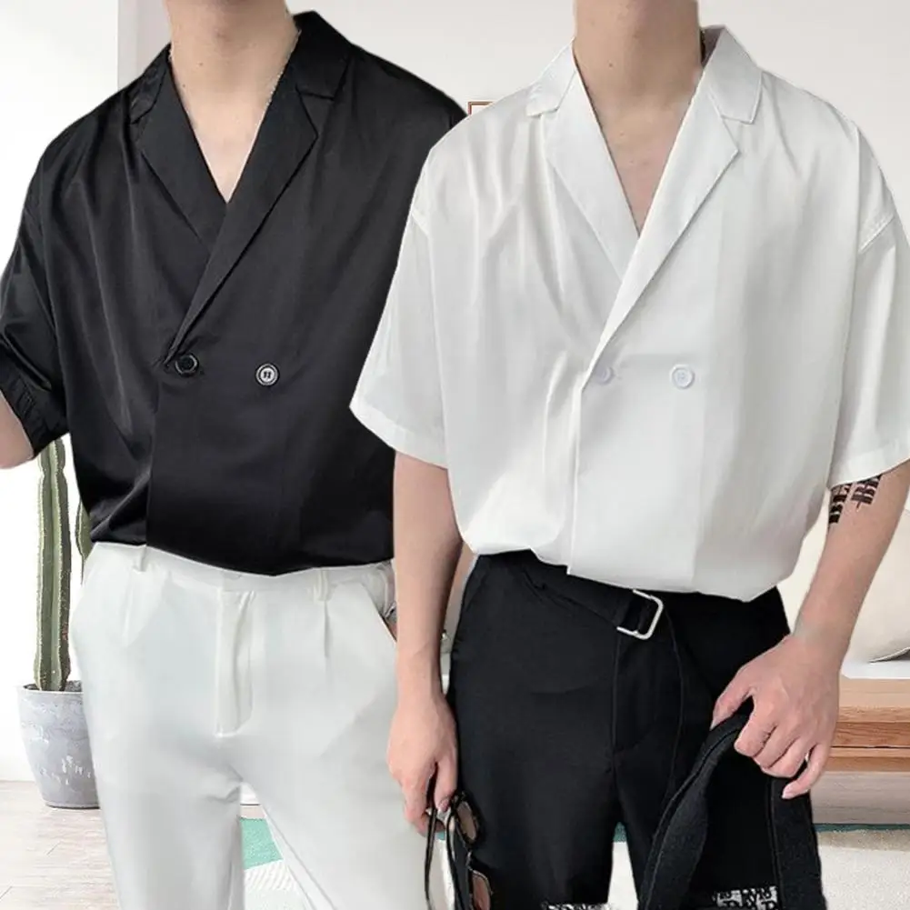 

Male Shirt Solid Color Draped Korean Style Double-breasted Button Collar Formal Short Sleeves Business Lightweight Summer Shirt