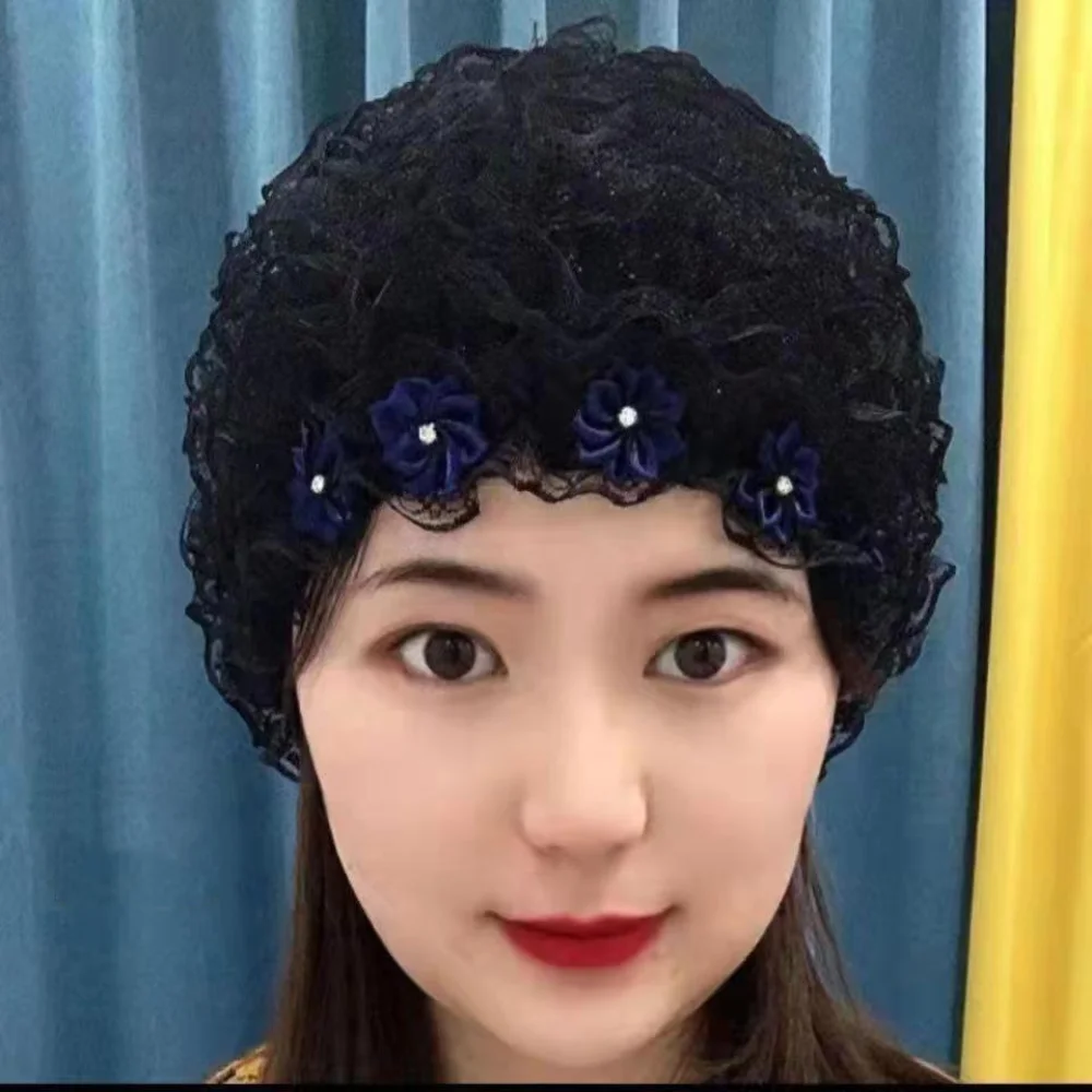 Acrylic Fibers Turban Breathable Lace Mesh Without Eaves Muslim Flower Wrap Bonnet Hats