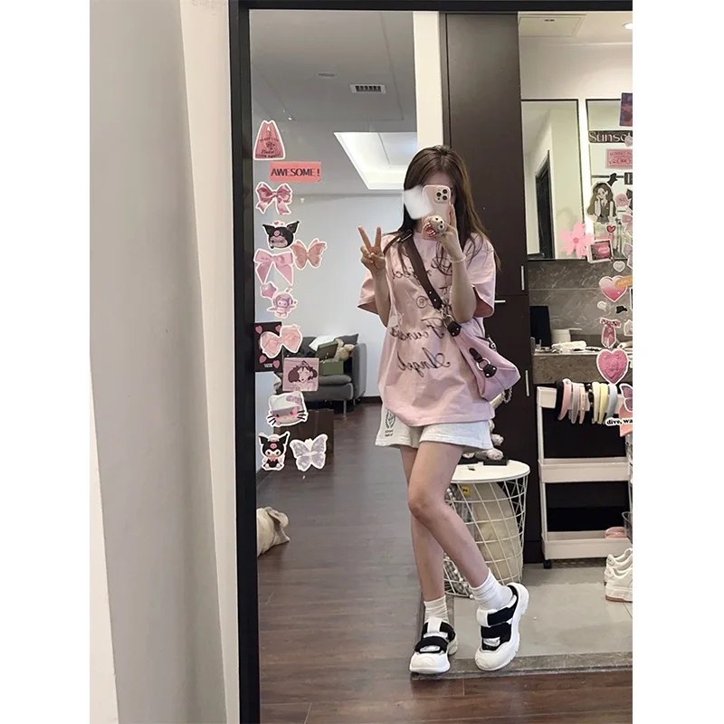 الرجعية الأمريكية الوردي إلكتروني طباعة ort Sve تي شيرت المرأة الصيف العصرية فضفاضة شيك هونغ كونغ Sle f Sve الأعلى #3