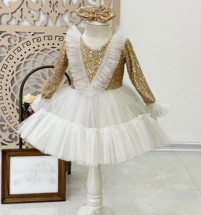 Handmade Baby Girl Dress Toddler Party New Year Dress for Birthday Kid Long Sleeve First Communion Dress Photography