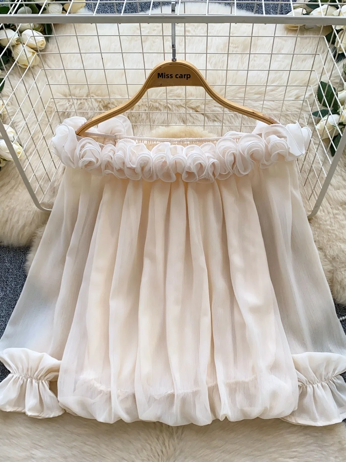 Blusa Feminina Elegante de Chiffon com Manga Longa e Um Ombro Só, Estilo Coreano, Moda Primavera, Estampa de Grão de Madeira, Camisa Casual