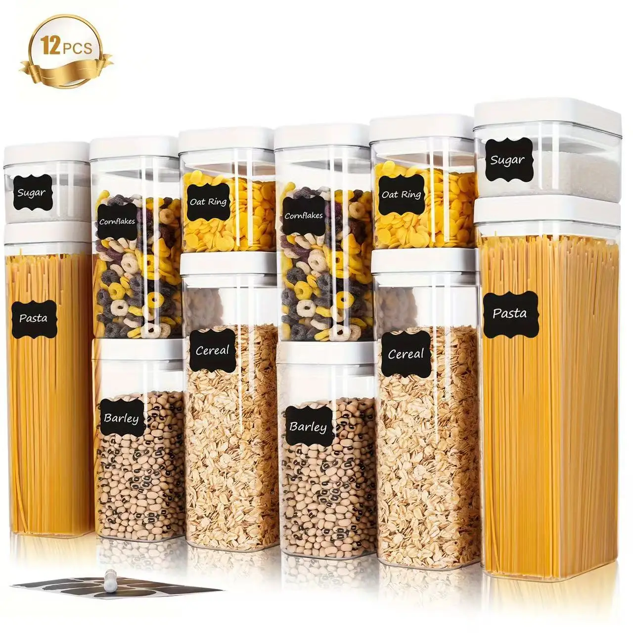 

12 Pcs Airtight food storage containers with lids for kitchen organization High transparency PET Contianer for pasta, sugar