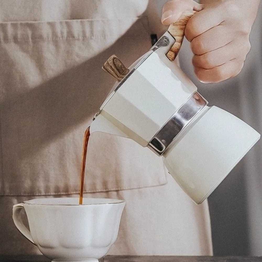 

Octagonal Aluminum Moka Pot 150ml/300ml Durable Brewing Coffee Pot Wood Pattern Handle Brewing Tool Coffee Percolator Stovetop