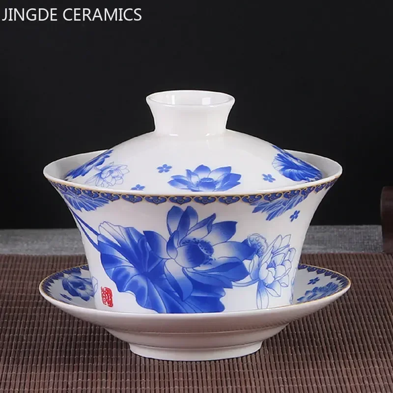 Jingdezhen Ceramic Gaiwan High Quality Sancai Tea Bowl Chinese Traditional Pattern Cover Bowl Blue and White Porcelain Tea Set