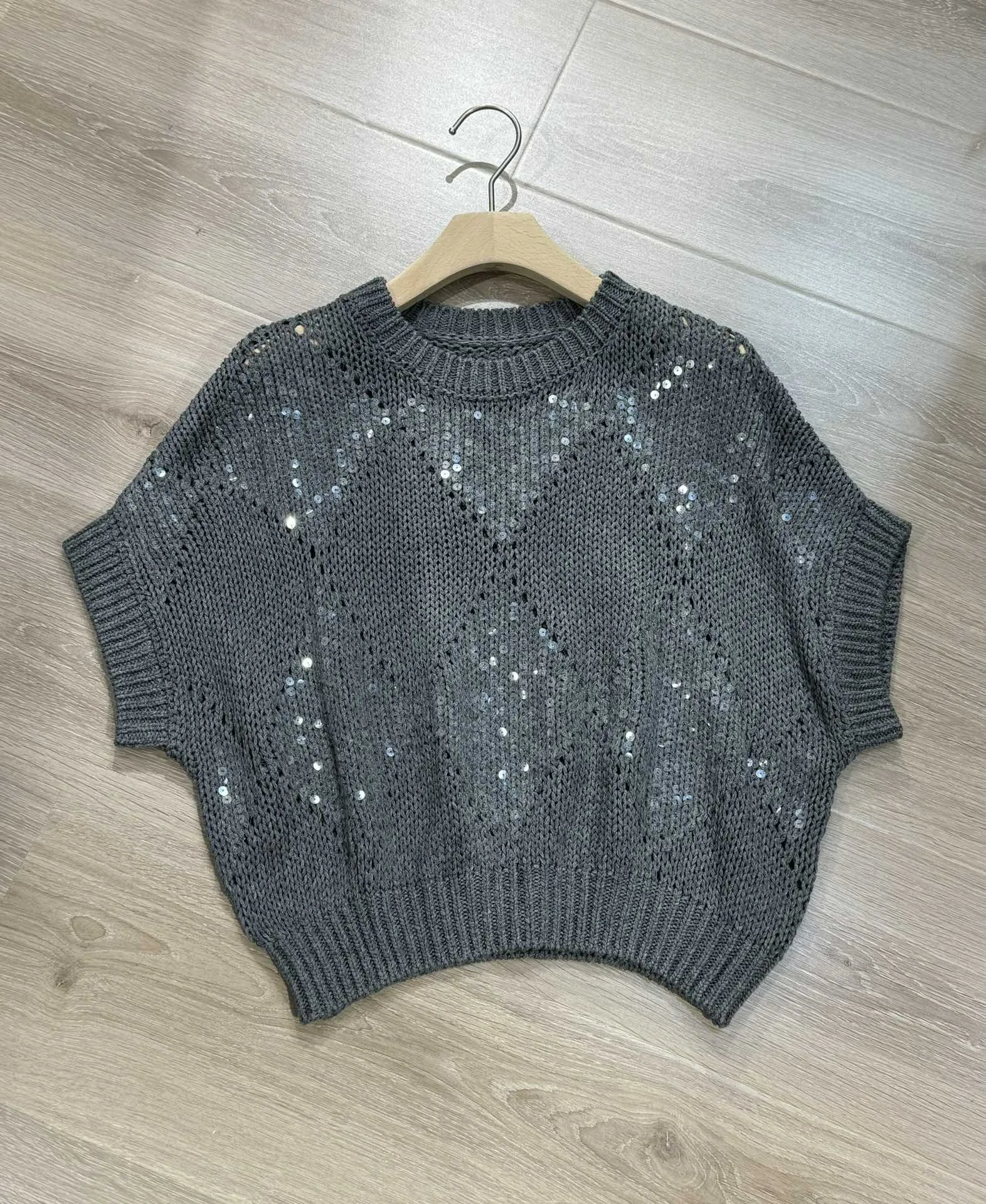 Summer linen embroidered sequinned yarn sparkling knitwear top